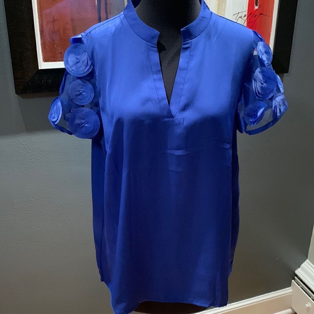 Shein royal blue short sheer layered circle glitter sleeve top, new, large